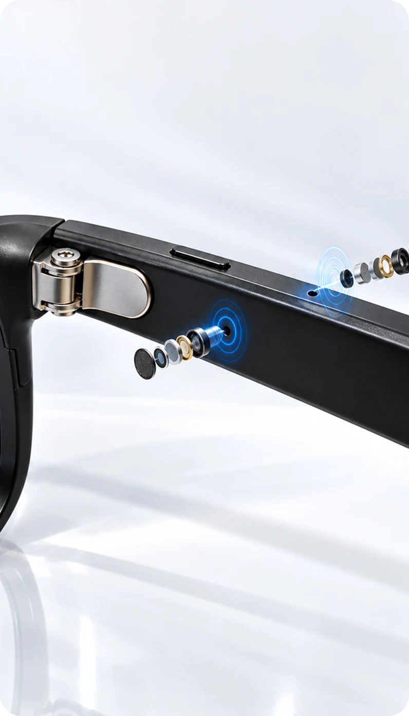 Exploded view of the dual microphones in the temple