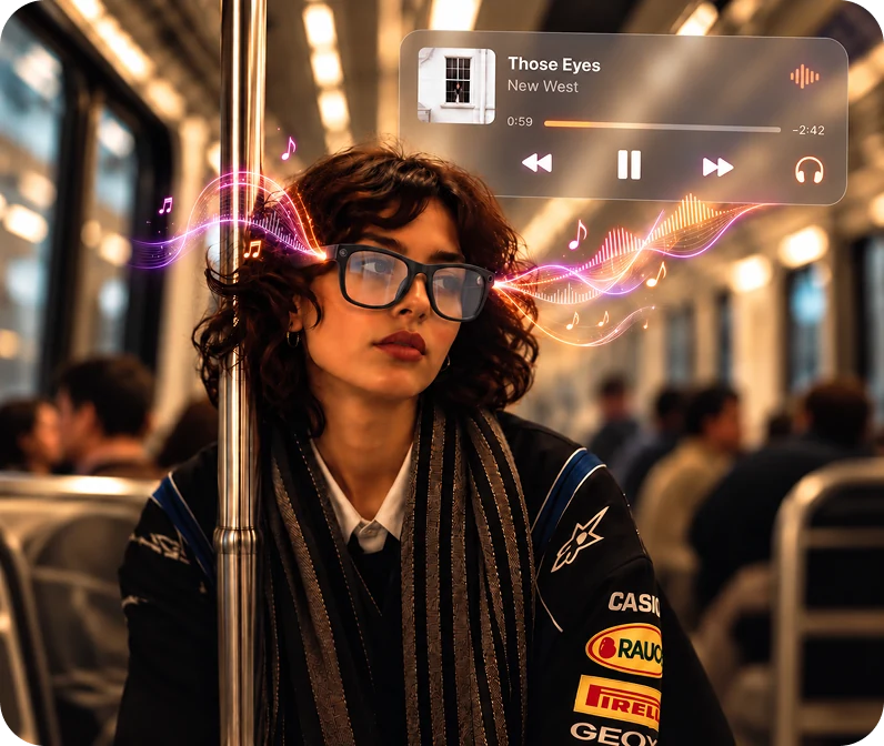 A woman wearing the glasses with a music player overlay