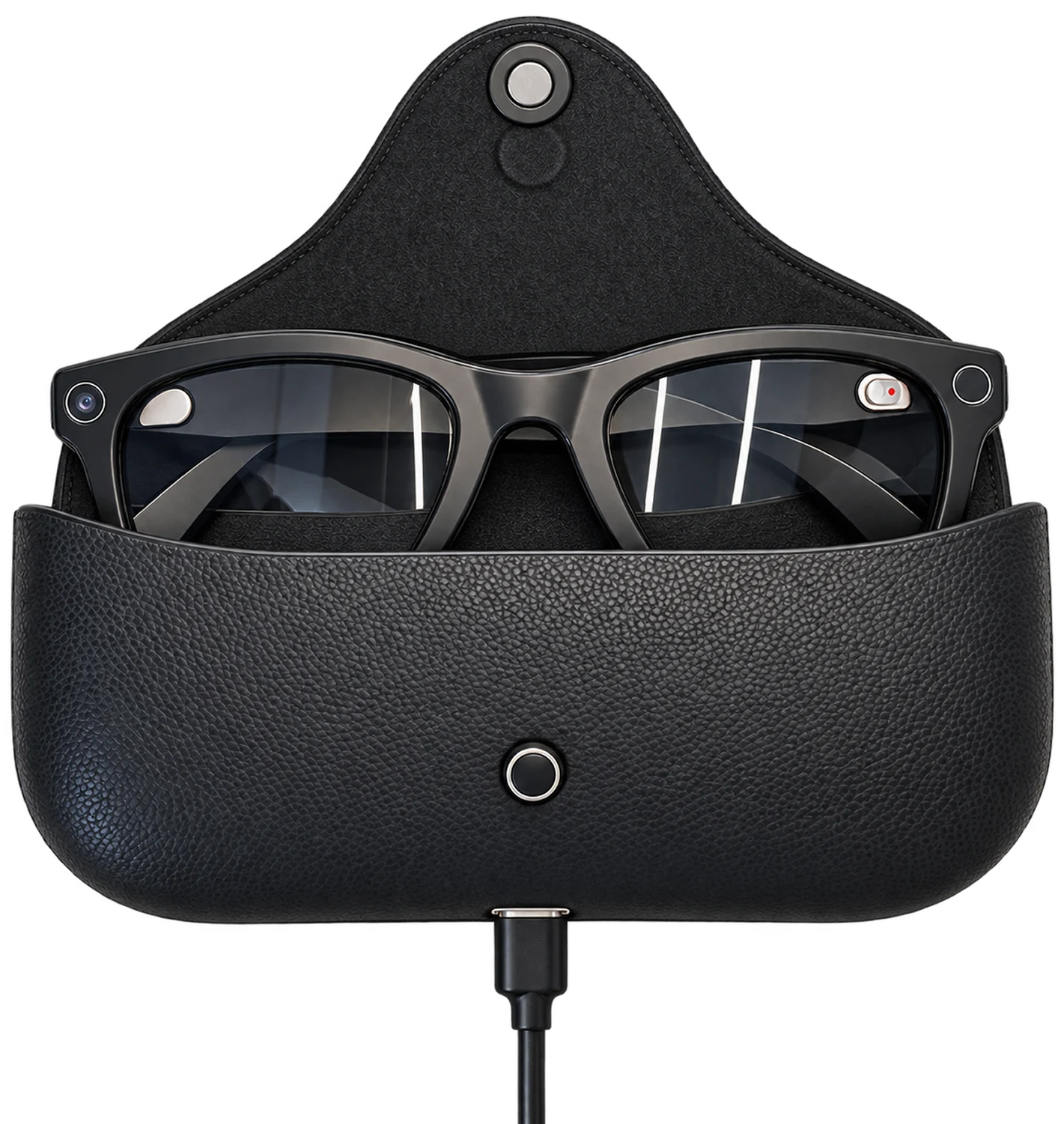 GLAYZR glasses in the charging case, connected by a cable