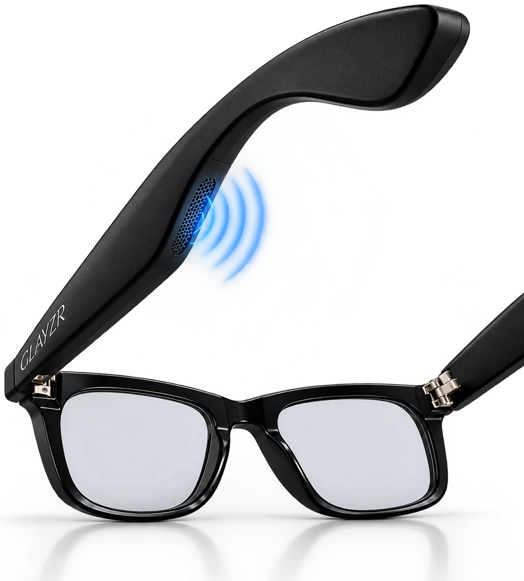 Glasses temple with open-ear speaker and sound waves
