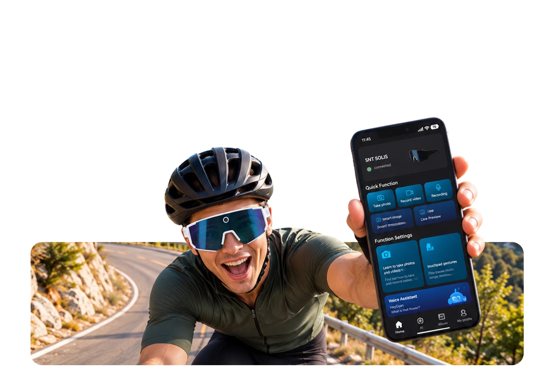 A cyclist holding up the companion app
