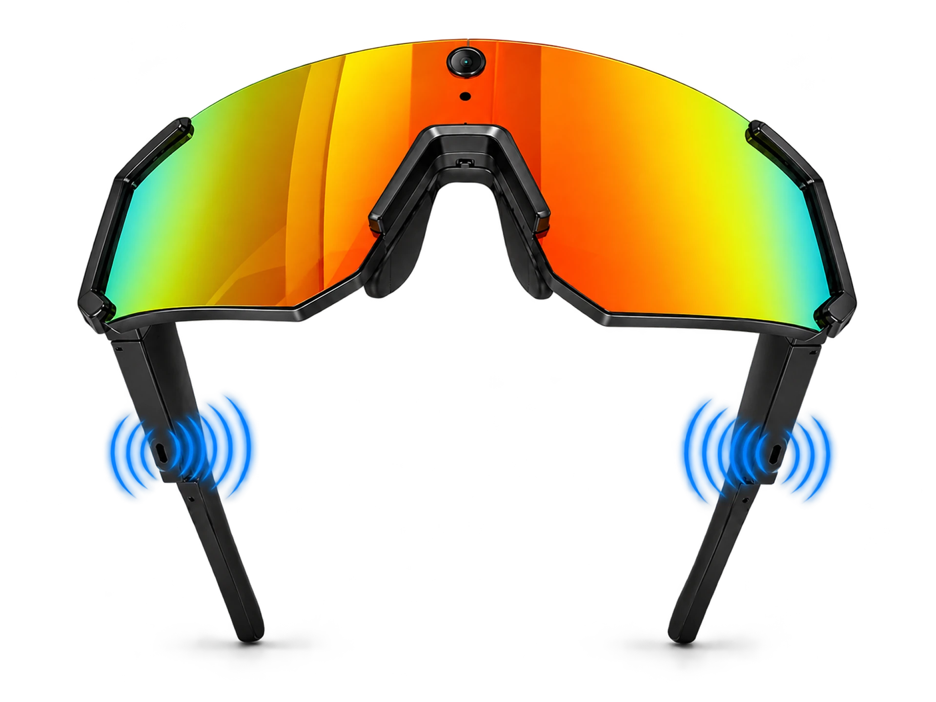 Front view of the glasses with sound waves from both speakers