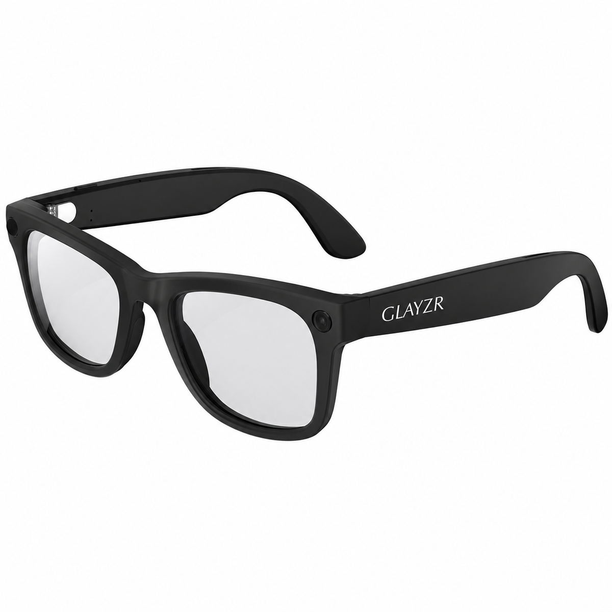 Black smart glasses with clear lenses and the brand name 'GLAYZR' printed on the side, shown on a plain white background.