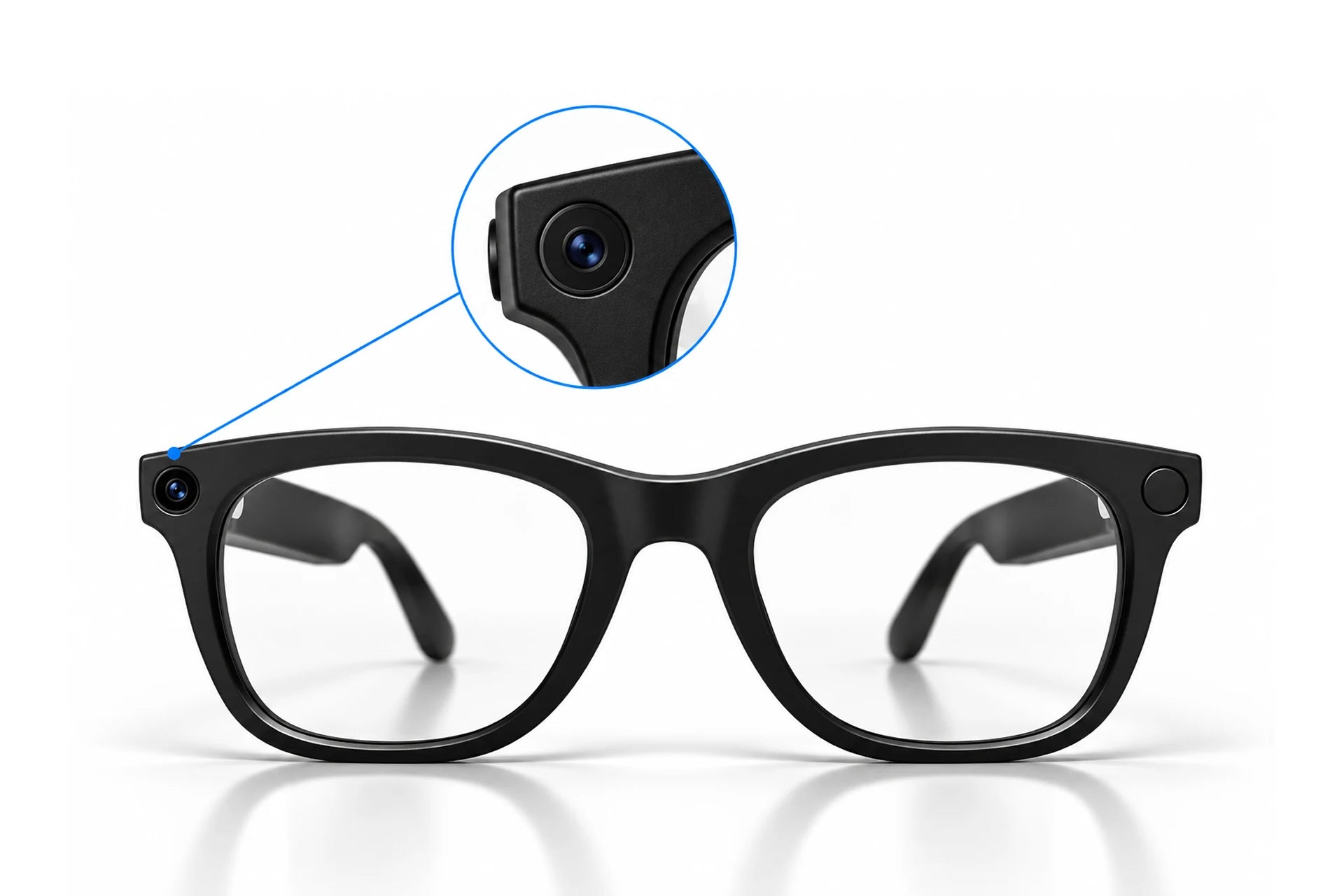 Close-up of the built-in 8MP camera on the glasses frame