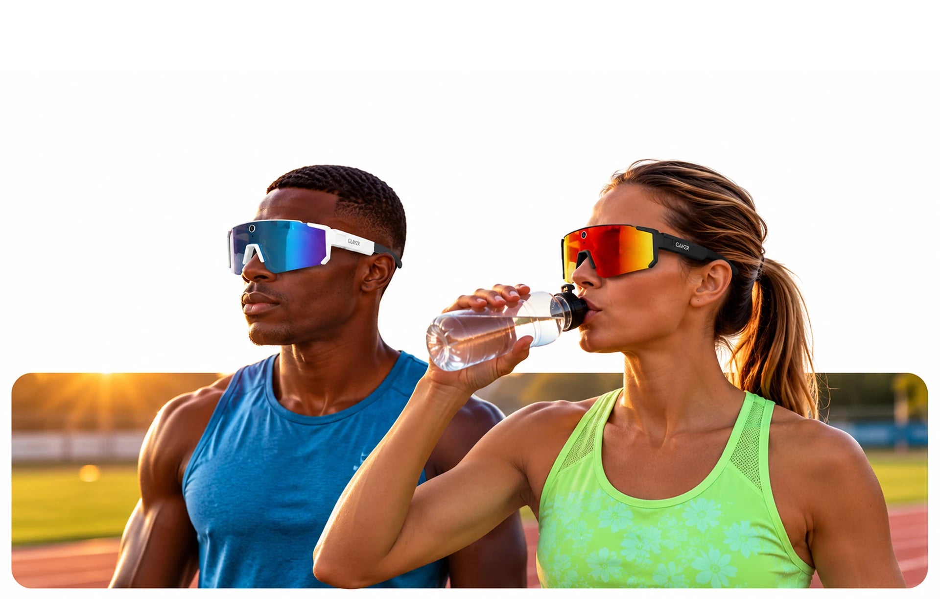 An athlete and a runner wearing GLAYZR Sport AI glasses