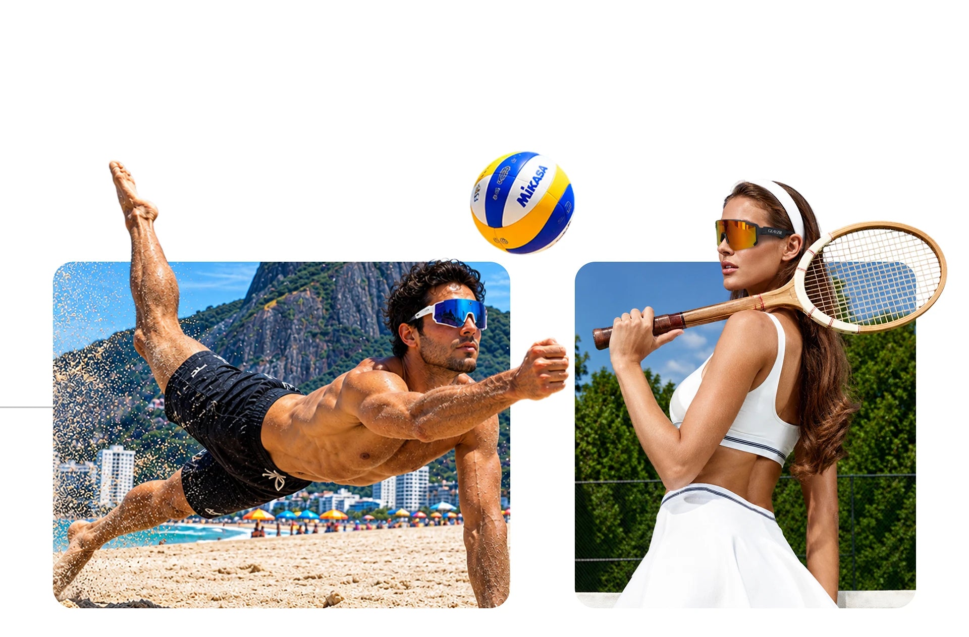 A volleyball player and a tennis player wearing GLAYZR glasses